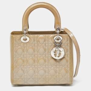 Dior Beige Cannage Patent Leather Medium Lady Dior Tote