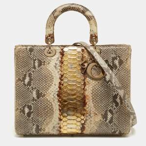 Pre Owned Dior Gold/Beige Python Large Lady Dior Tote