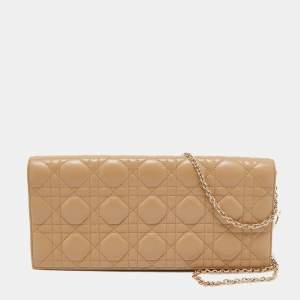 Pre Owned Dior Beige Cannage Quilted Leather Lady Dior Chain Clutch