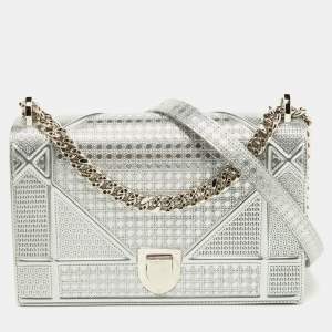 Pre Owned Dior Silver Microcannage Patent Leather Medium Diorama Flap Shoulder Bag