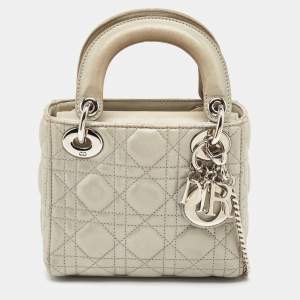 Pre Owned Dior Grey Shimmering Leather Mini Chain Lady Dior Tote
