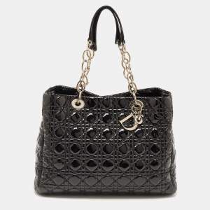Pre Owned Dior Black Cannage Patent Leather Large Soft Lady Dior Shopper Tote
