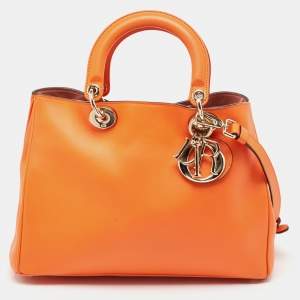 Pre Owned Dior Orange Leather Medium Diorissimo Shopper Tote