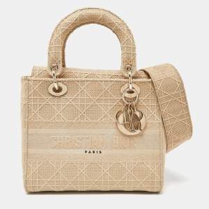 Pre Owned Dior Beige Embroidered Canvas Medium Lady D-Lite Tote