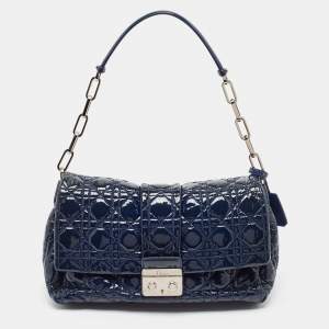 Pre Owned Dior Dark Blue Cannage Quilted Patent Leather New Lock Flap Bag