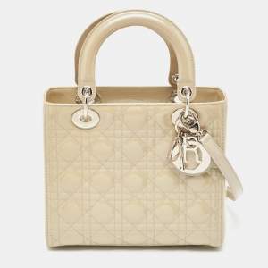 Pre Owned Dior Beige Cannage Patent Leather Medium Lady Dior Tote