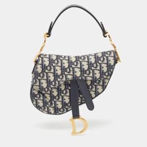 Dior Navy Blue Oblique Canvas and Leather Mini Saddle Bag