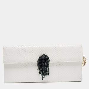 Pre Owned Dior White Snakeskin Leather Beaded Tassel Clutch