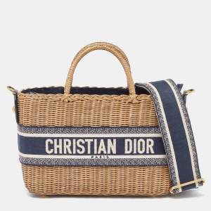 Pre Owned Dior Navy Blue/Brown Oblique Canvas and Rattan Wicker Basket Bag