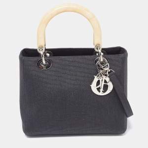 Pre Owned Dior Black Canvas Medium Lady Dior Tortoise Handle Tote