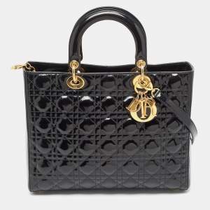 Pre Owned Dior Black Cannage Patent Leather Large Lady Dior Tote