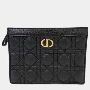 Christian Dior Black Calfskin Cannage Caro Zipped Pouch With Chain 