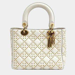 Christian Dior Ivory Leather Studded Cannage Medium Lady Dioe Top Handle Bag