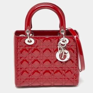 Dior Red Cannage Patent Leather Medium Lady Dior Tote