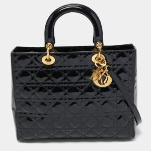 Pre Owned Dior Black Cannage Patent Leather Large Lady Dior Tote