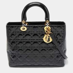 Pre Owned Dior Black Cannage Patent Leather Large Lady Dior Tote