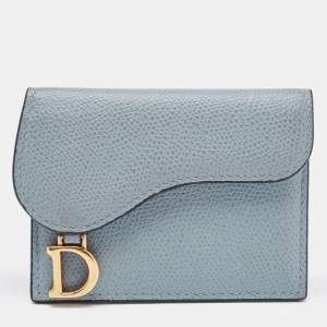 Pre Owned Dior Light Blue Leather Saddle Flap Card Case