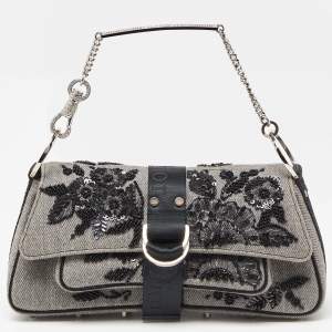 Pre Owned Dior Grey Canvas Hardcore Sequin/Bead Embellished Baguette Bag
