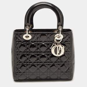 Dior Black Cannage Patent Leather Medium Lady Dior Tote