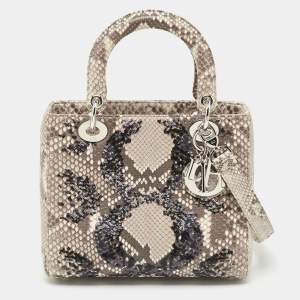 Pre Owned Dior Beige/Black Python and Sequins Medium Lady Dior Tote