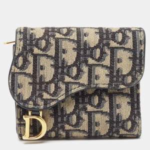 Dior Blue/Beige Oblique Jacquard Saddle Lotus Wallet