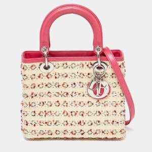 Pre Owned Dior Beige/Pink Raffia,Tweed and Leather Medium Lady Dior Tote 