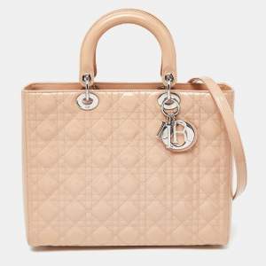 Pre Owned Dior Beige Cannage Patent Leather Large Lady Dior Tote