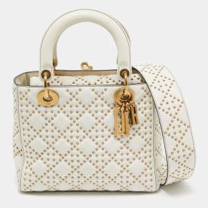 Pre Owned Dior White/Gold Leather Medium Studded Supple Lady Dior Tote