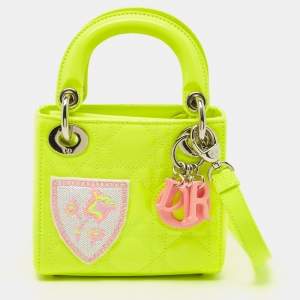 Dior Neon Green Patent Leather Embroidered Patches Mini Lady Dior Tote Bag