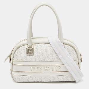 Pre Owned Dior White/Gold Perforated Oblique Leather and Rubber Medium Vibe Bowler Bag