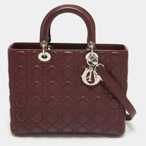 Pre Owned Dior Burgundy Cannage Leather Large Lady Dior Tote