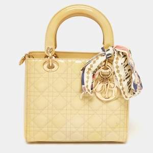 Dior Beige Cannage Patent Leather Medium Lady Dior Tote