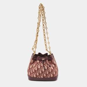 Pre Owned Dior Burgundy Oblique Canvas and Leather Drawstring Chain Bucket Bag