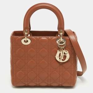 Pre Owned Dior Brown Cannage Leather Medium Lady Dior Tote