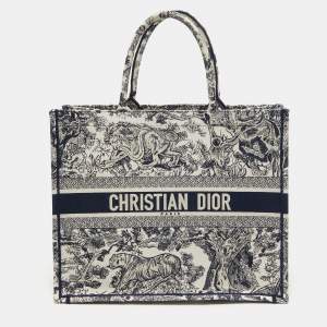 Dior Navy Blue/White Toile De Jouy Embroidery Canvas Large Book Tote