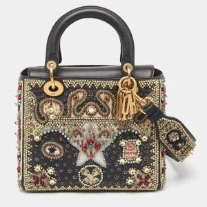 Pre Owned Dior Multicolor Beaded Leather and Fabric Medium Lady Dior Tote