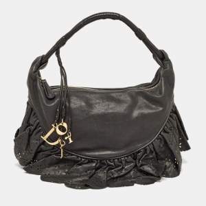 Pre Owned Dior Dark Grey Leather Small Gypsy Ruffle Hobo