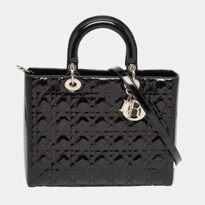 Pre Owned Dior Black Cannage Patent Leather Large Lady Dior Tote