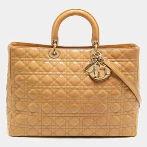 Pre Owned Dior Beige Cannage Patent Leather Extra Large Lady Dior Tote