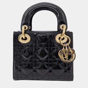 Christian Dior Black Patent Leather Mini Lady Dior Top Handle Bag 