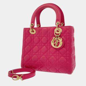 Pre Owned Dior  Pink Leather Medium Lady Dior Cannage Satchel Bag 