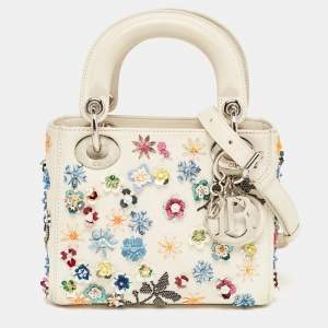 Pre Owned Dior Off White Leather Flower Sequin Mini Lady Dior Tote