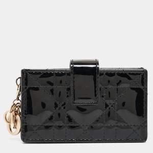 Pre Owned Dior Black Cannage Patent Leather Lady Dior 5 Gusset Card Holder
