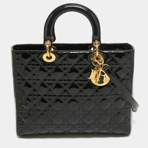 Dior Black Cannage Patent Leather Large Lady Dior Tote