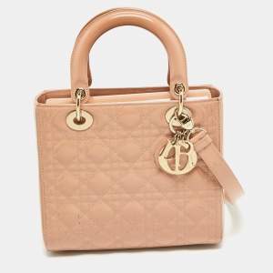 Pre Owned Dior Dusty Pink Cannage Patent Leather Medium Lady Dior Tote