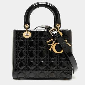Pre Owned Dior Black Cannage Patent Leather Medium Lady Dior Tote