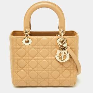 Dior Beige Cannage Quilted Leather Medium Lady Dior Tote