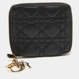 Dior Black Cannage Leather Lady Dior Voyageur Compact Wallet