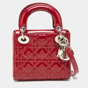 Pre Owned Dior Red Cannage Patent Leather Mini Lady Dior Tote