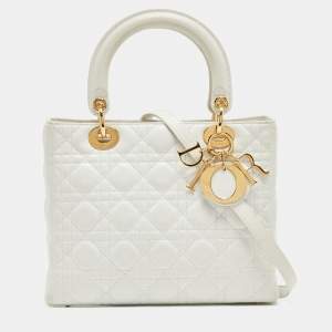Dior White Cannage Leather Medium Lady Dior Tote
